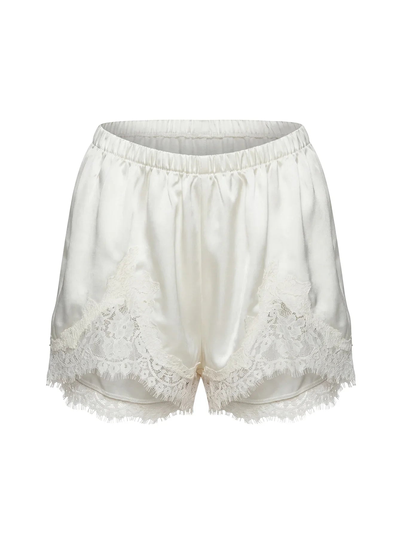 Parisse Satin Lace Trim Shorts Off White