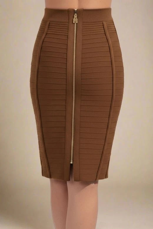 Pencil Bandage Knitted Knee Length Skirt Tan Brown