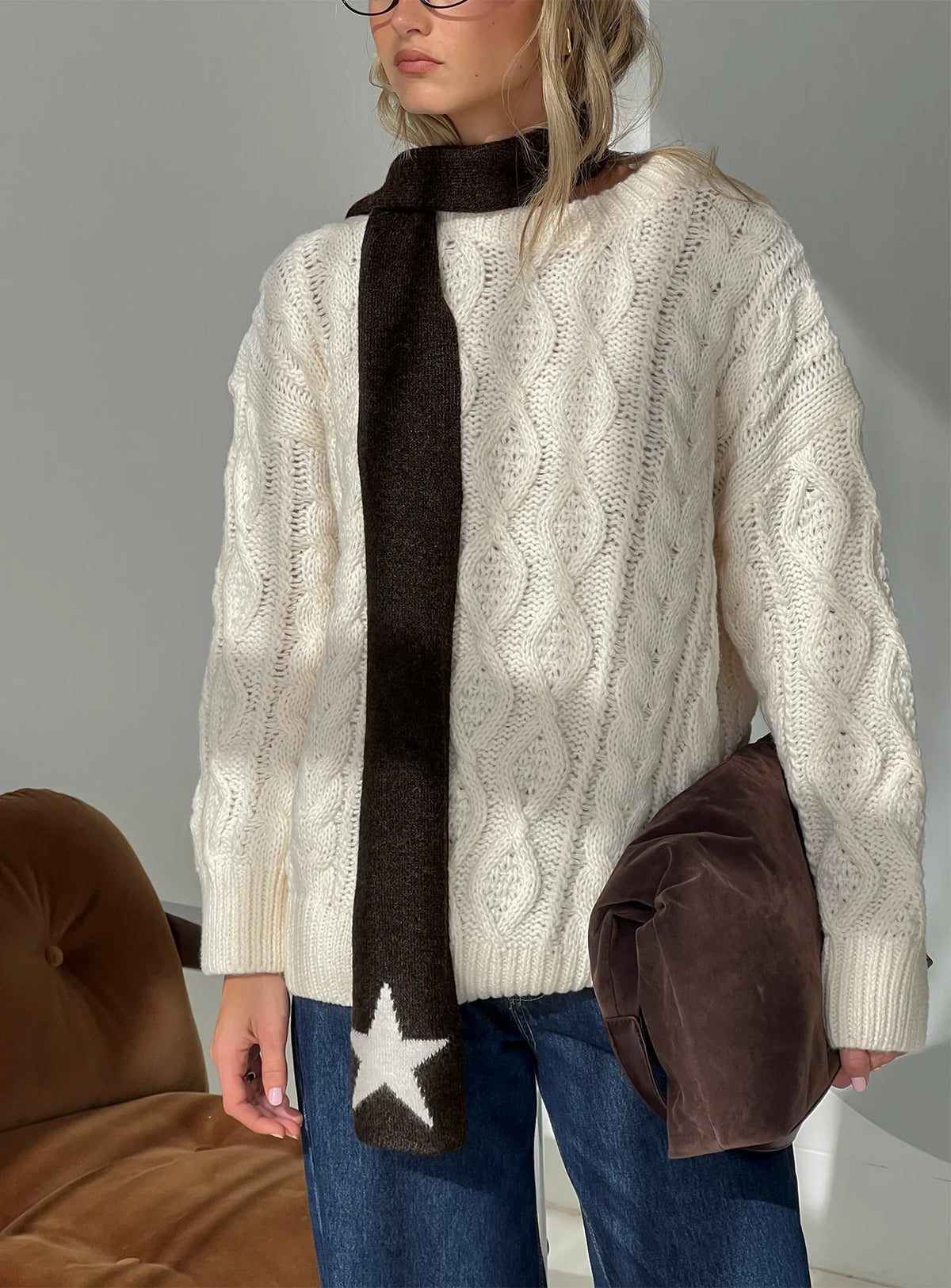 Abelia Star Graphic Scarf Brown Cream