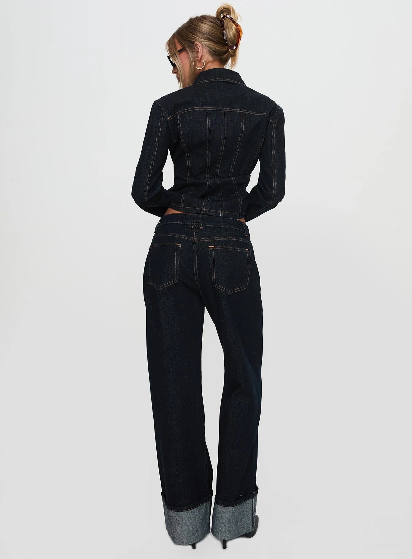 Top Model Low Rise Straight Leg Cuffed Jean Dark Denim