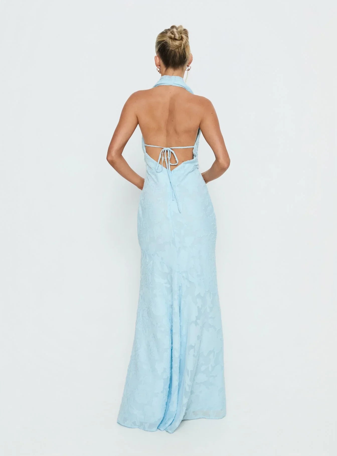 Invisible String Cowl Plunge Backless Maxi Dress Light Blue