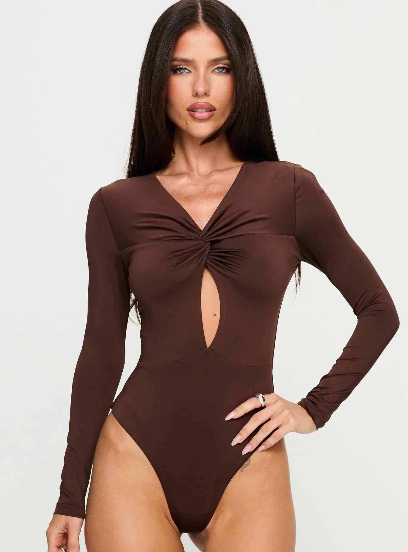 Vennie Twist Front Long Sleeve Bodysuit Brown