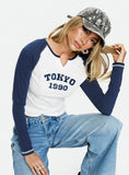 Tokyo 1990 Long Sleeve Raglan Graphic Top White Blue