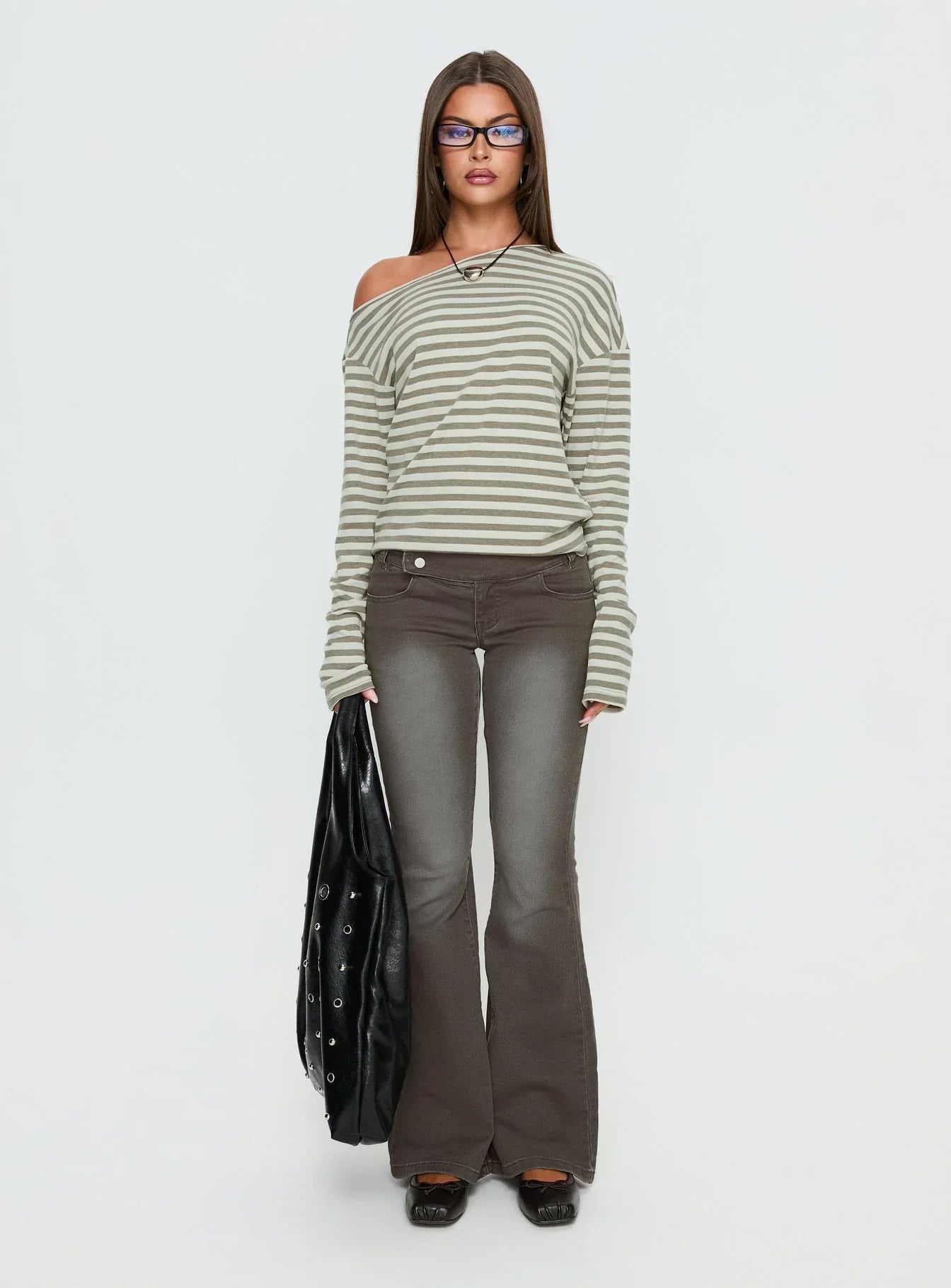 Lenorah Off Shoulder Long Sleeve Top Grey Stripe