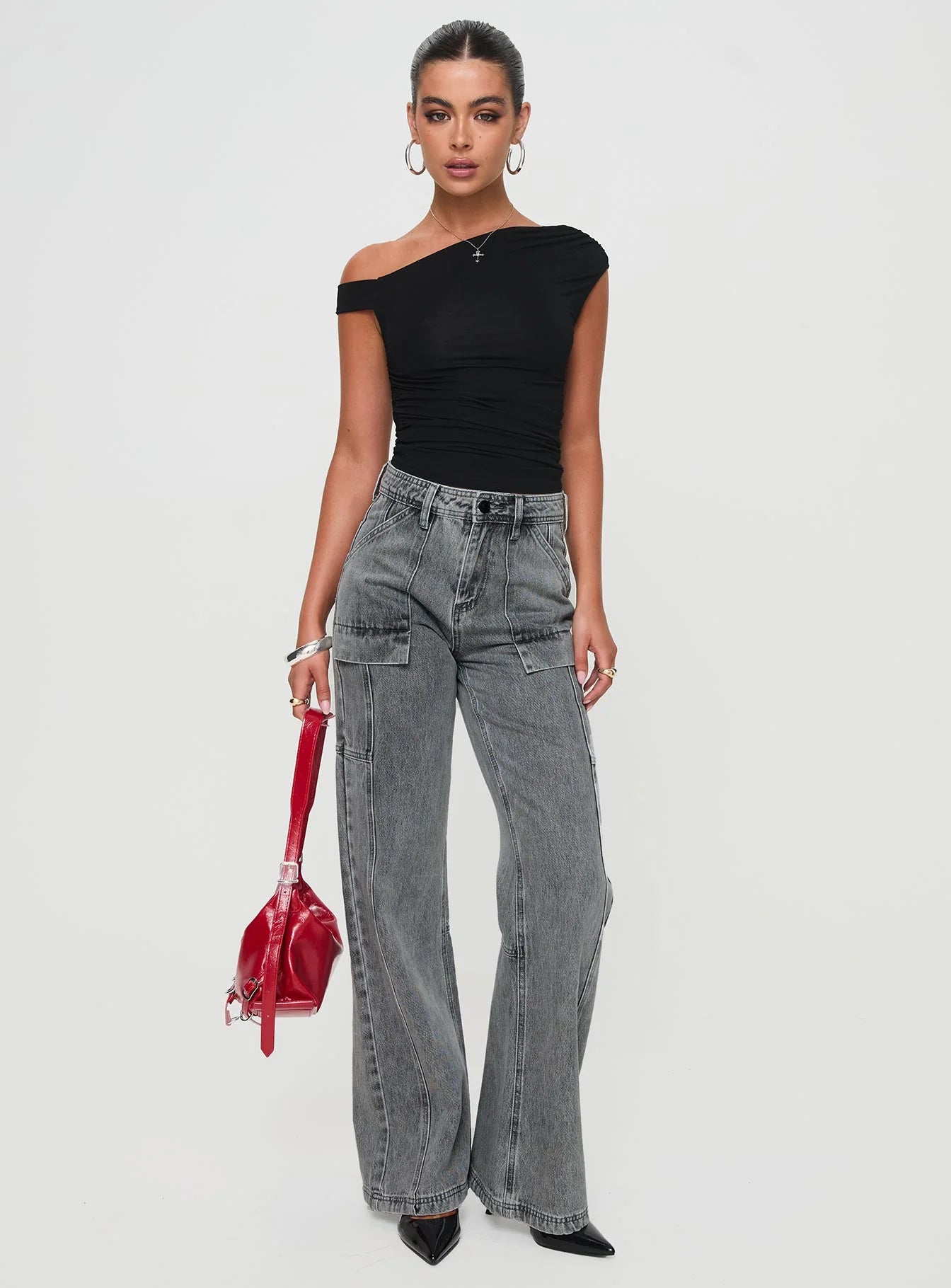 Chad High Rise Flared Cargo Jeans Washed Grey