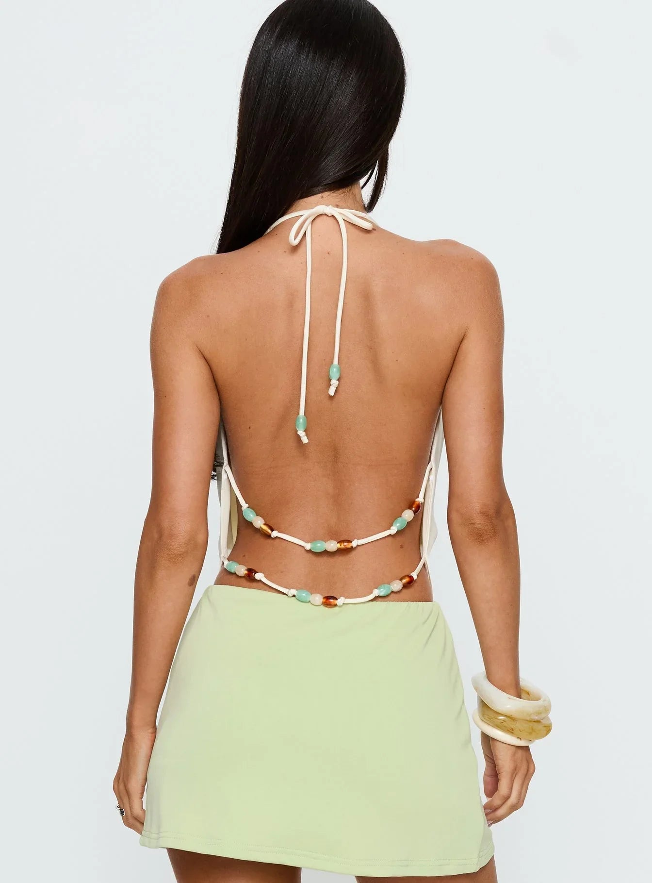 Kaivra Plunge Bead Detail Backless Top Cream