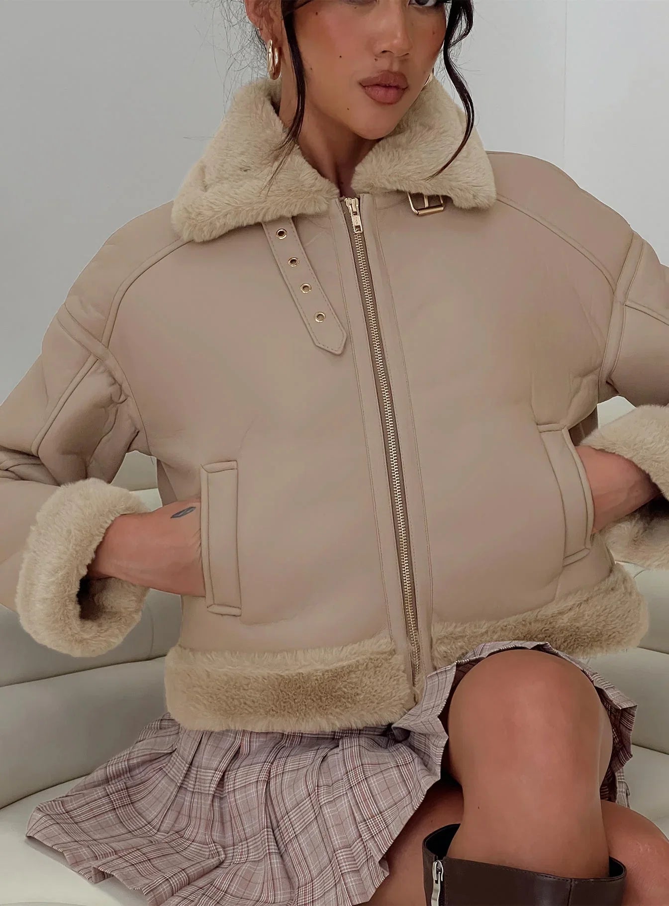 Henessy Faux Leather Jacket Beige