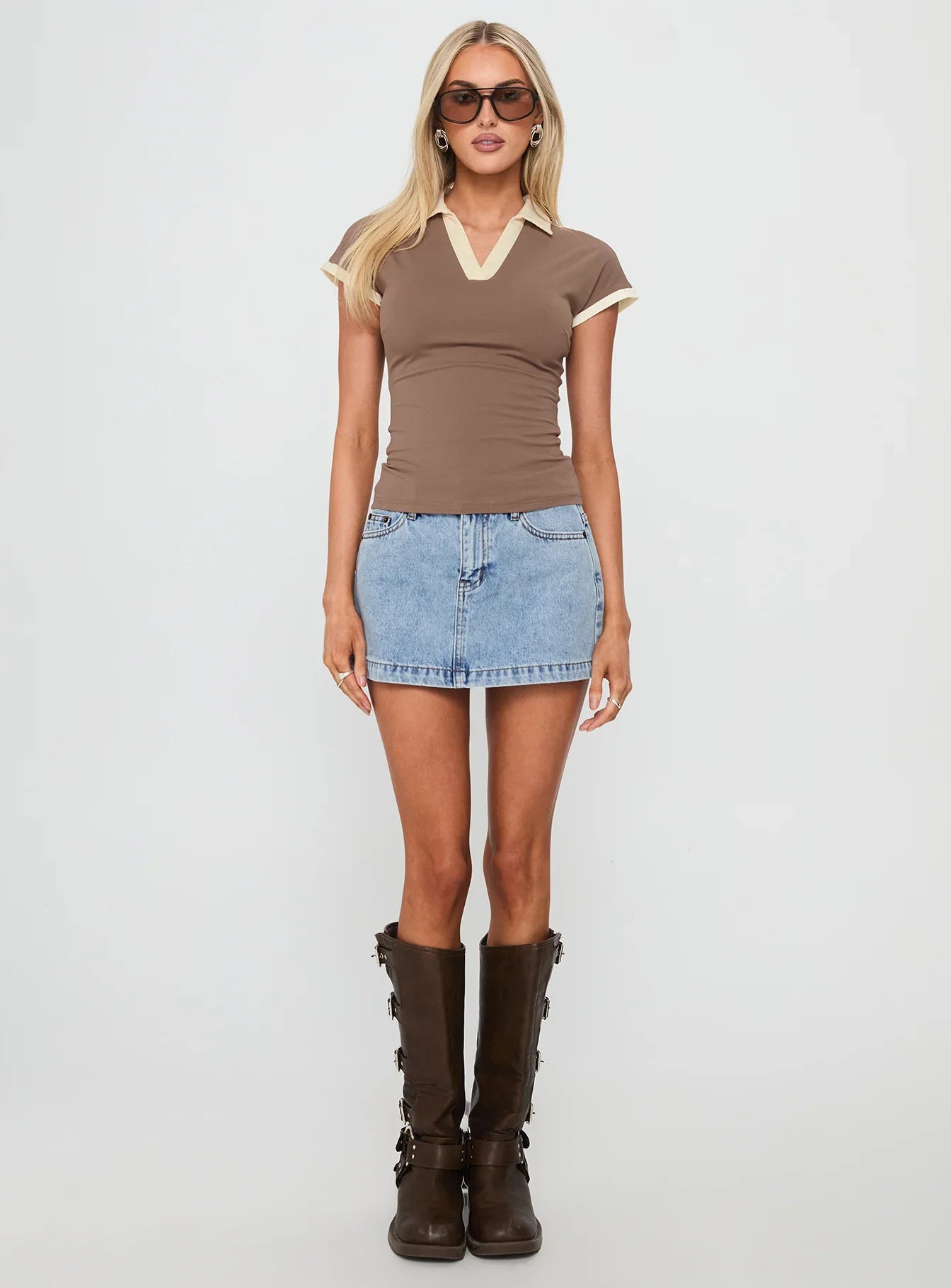 Nuvora Contrast Collared Top Brown