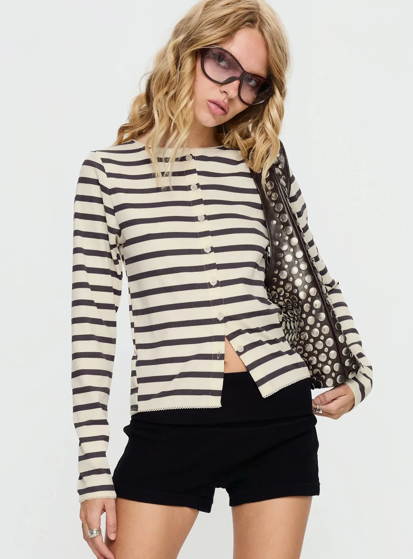 Marvella Button Up Long sleeve Top Dark Grey Cream Stripe