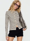 Marvella Button Up Long sleeve Top Dark Grey Cream Stripe