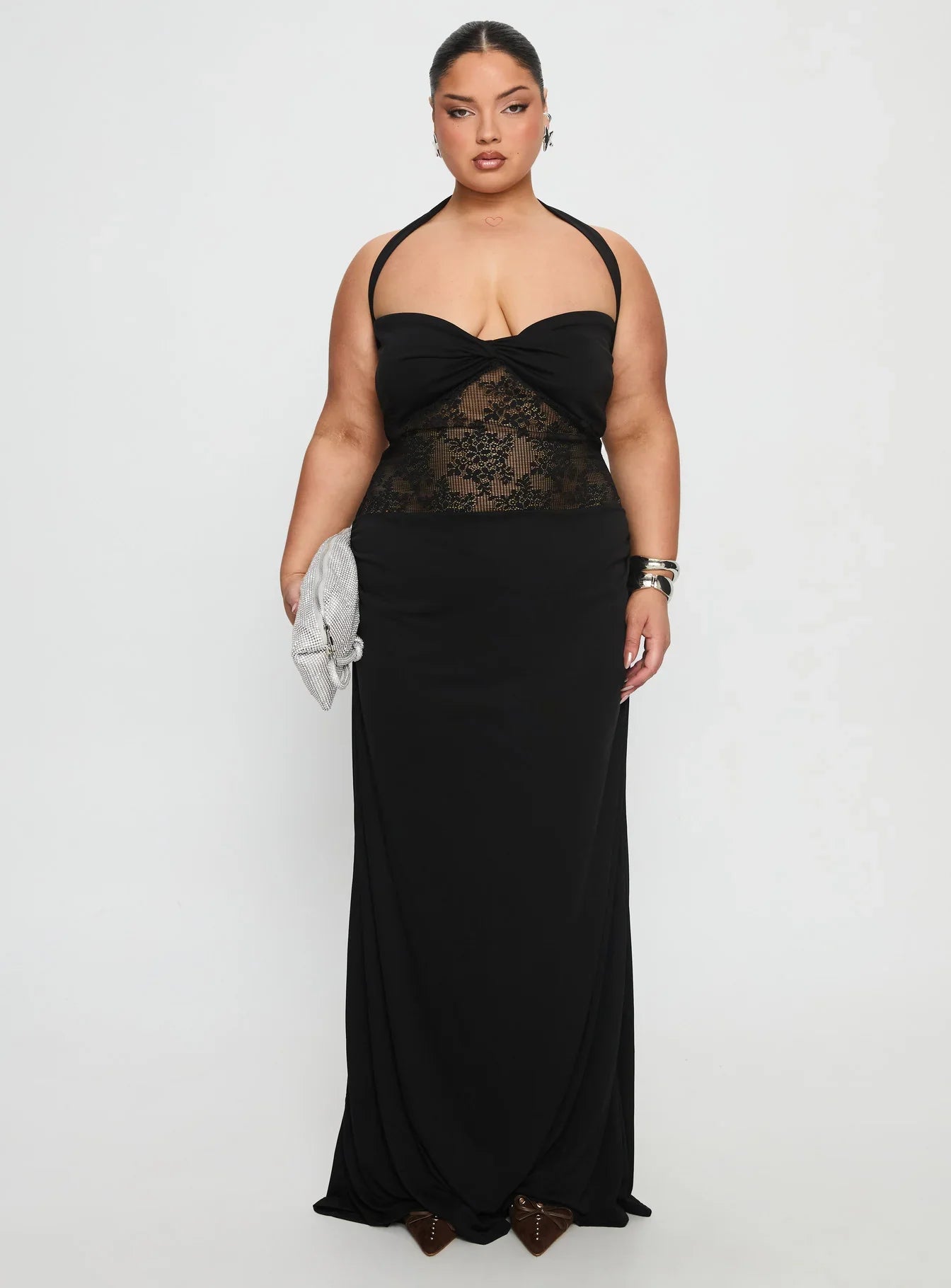 Adalyne Lace Halter Maxi Dress Black Curve