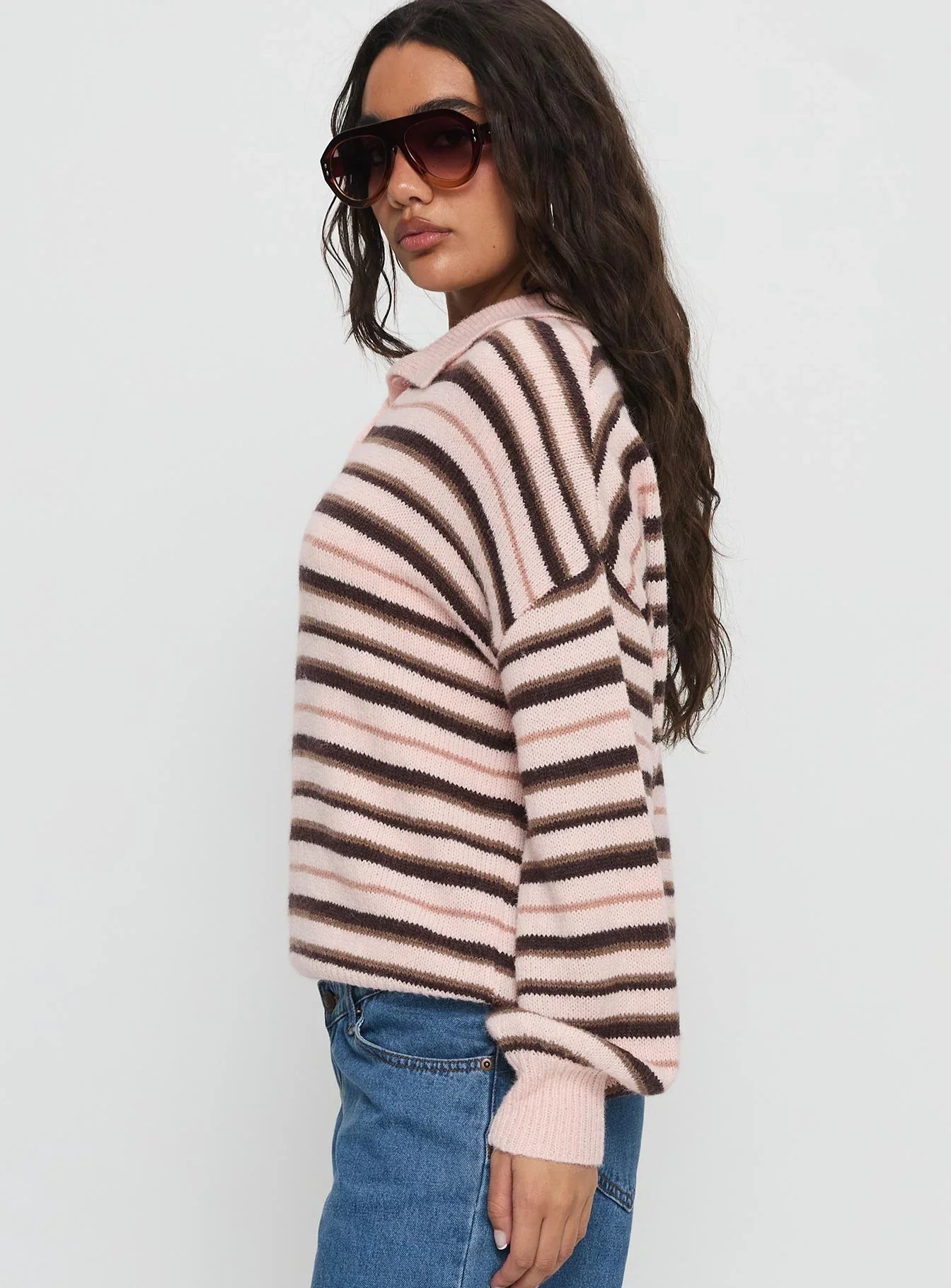 Jeanny Collared Knit Sweater Brown Pink Stripe