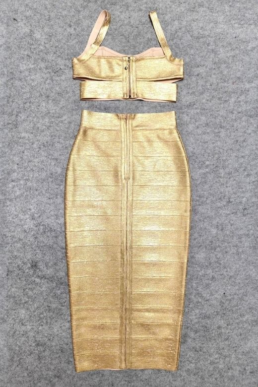Selene Bandage Crop Top and Midi Skirt Set Gold