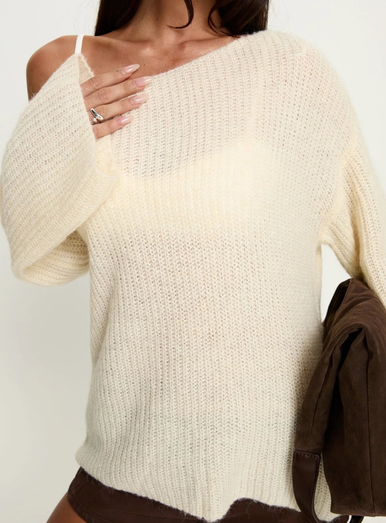 Delyn Off Shoulder Slouchy Knit Sweater Cream