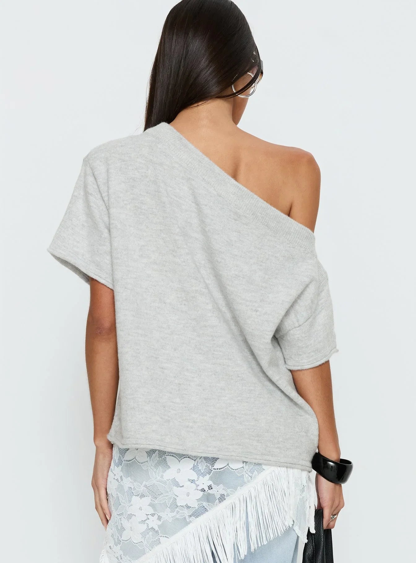 Kourta Off Shoulder Oversized Knit Top Grey Marle