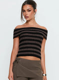 Murmur Off Shoulder Top Brown Black Stripe