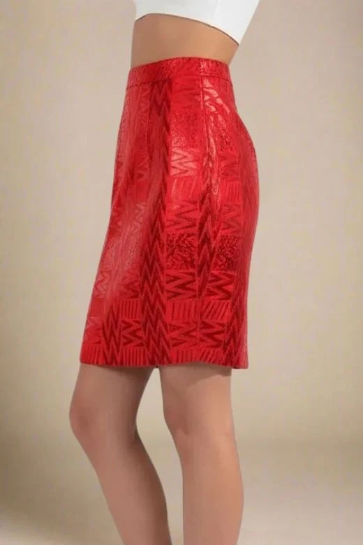 High Waist Metallic Leather Mini Skirt Lipstick Red