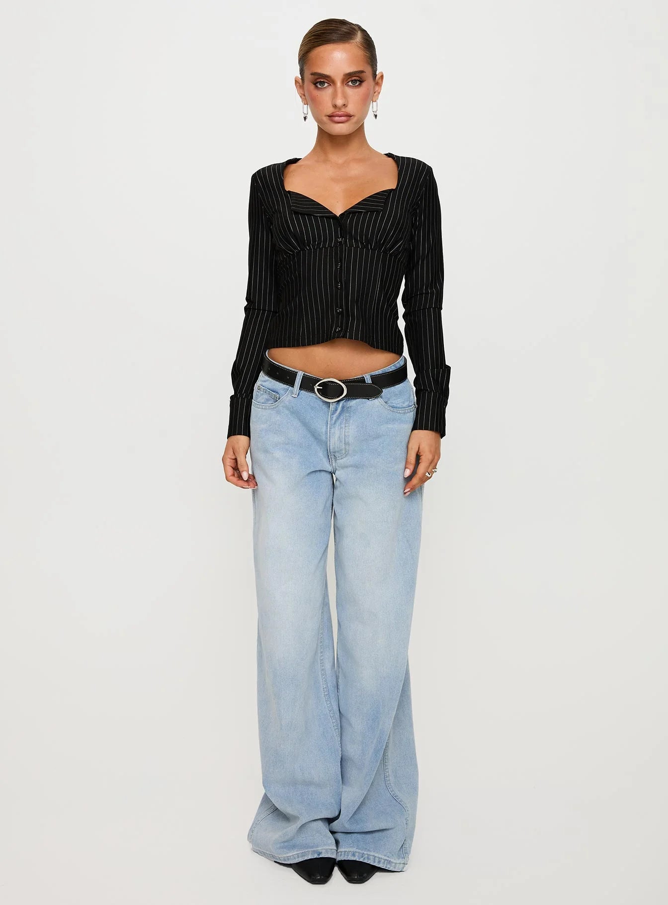 Set For Life Foldover Detail Long Sleeve Top Black White Pinstripe