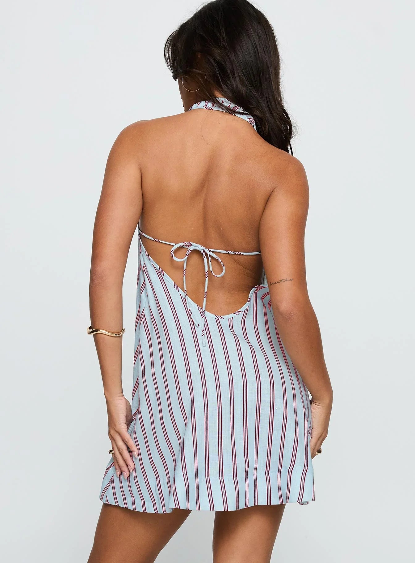 Daydreams Linen Blend Halter Mini Dress Blue Maroon Stripe
