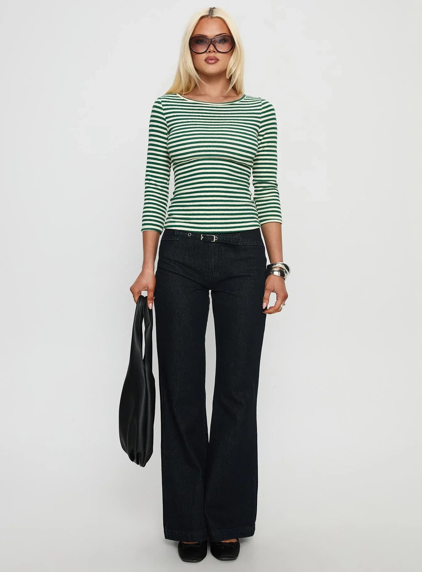 Missouri 3 4 Sleeve Textured Top Green Stripe