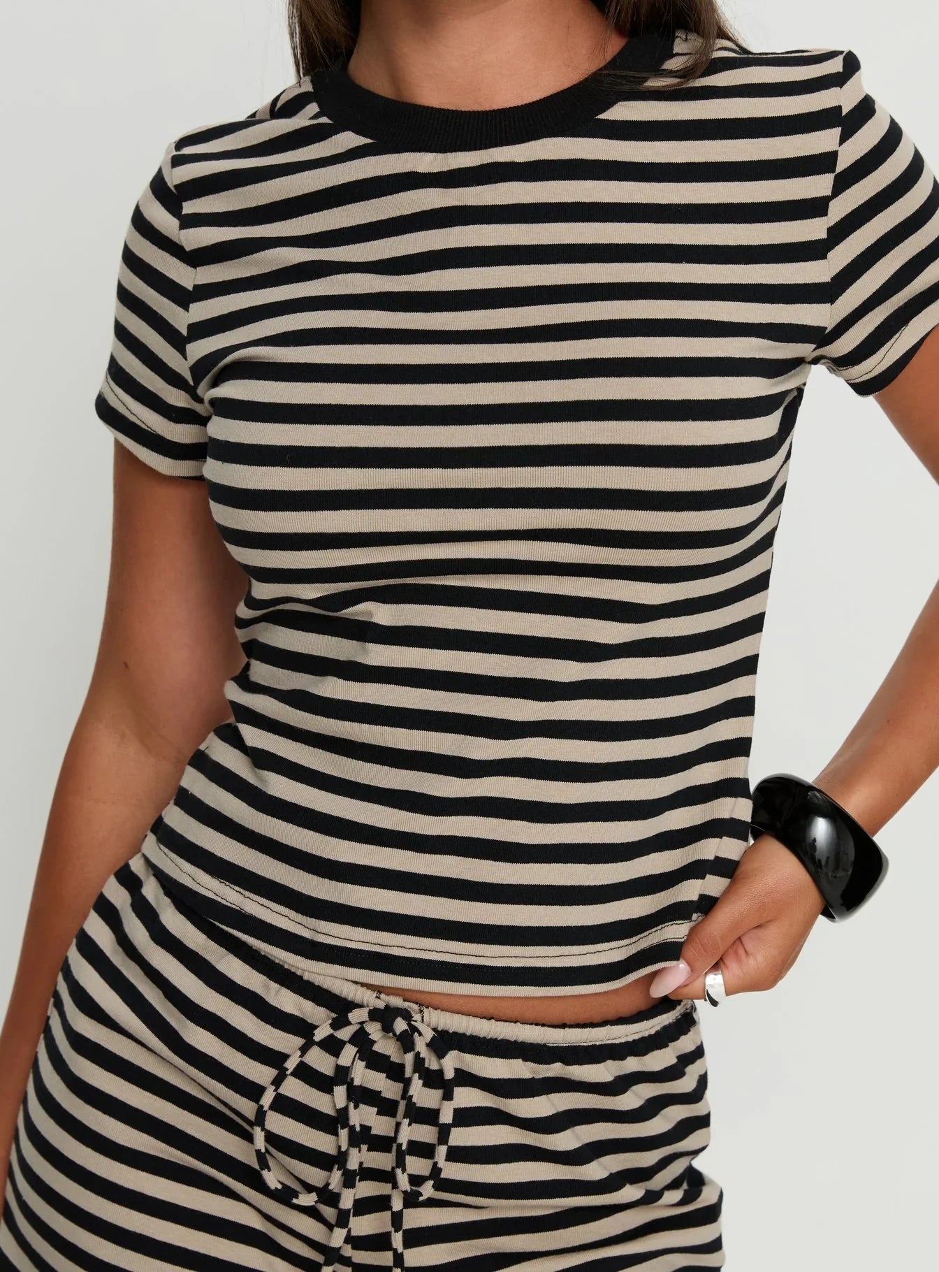 Settle Down Baby Tee Black / Beige Stripe