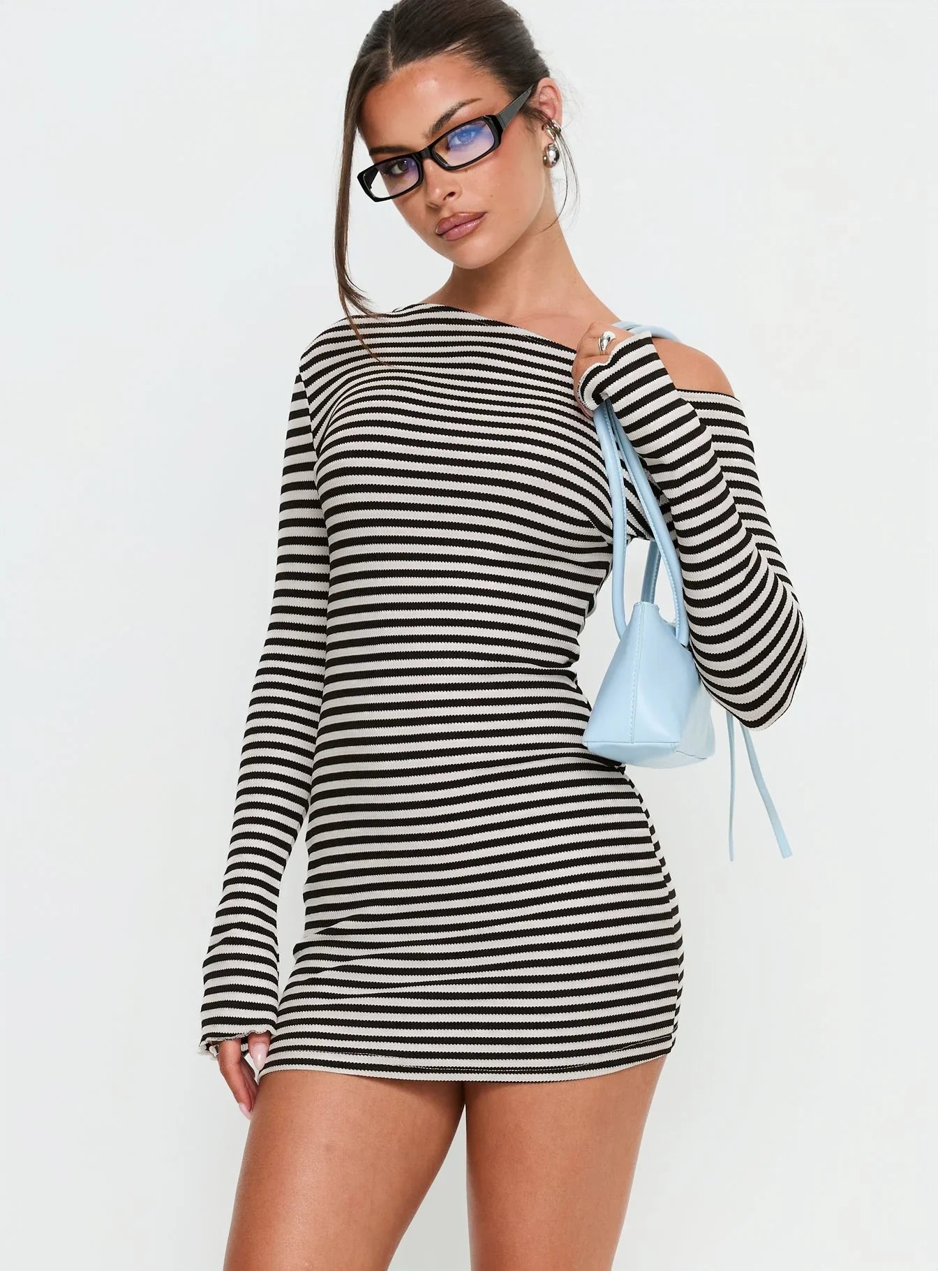 Journi Off Shoulder Long Sleeve Mini Dress Black White Stripe