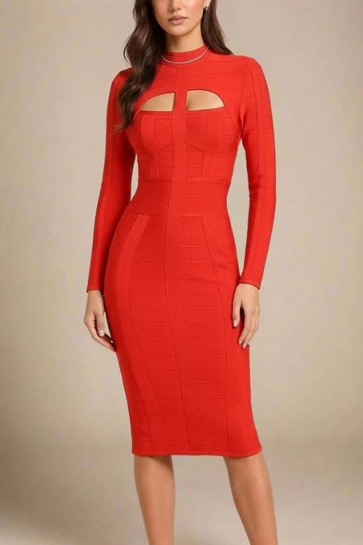 Brooke Long Sleeve Bandage Midi Dress Lipstick Red