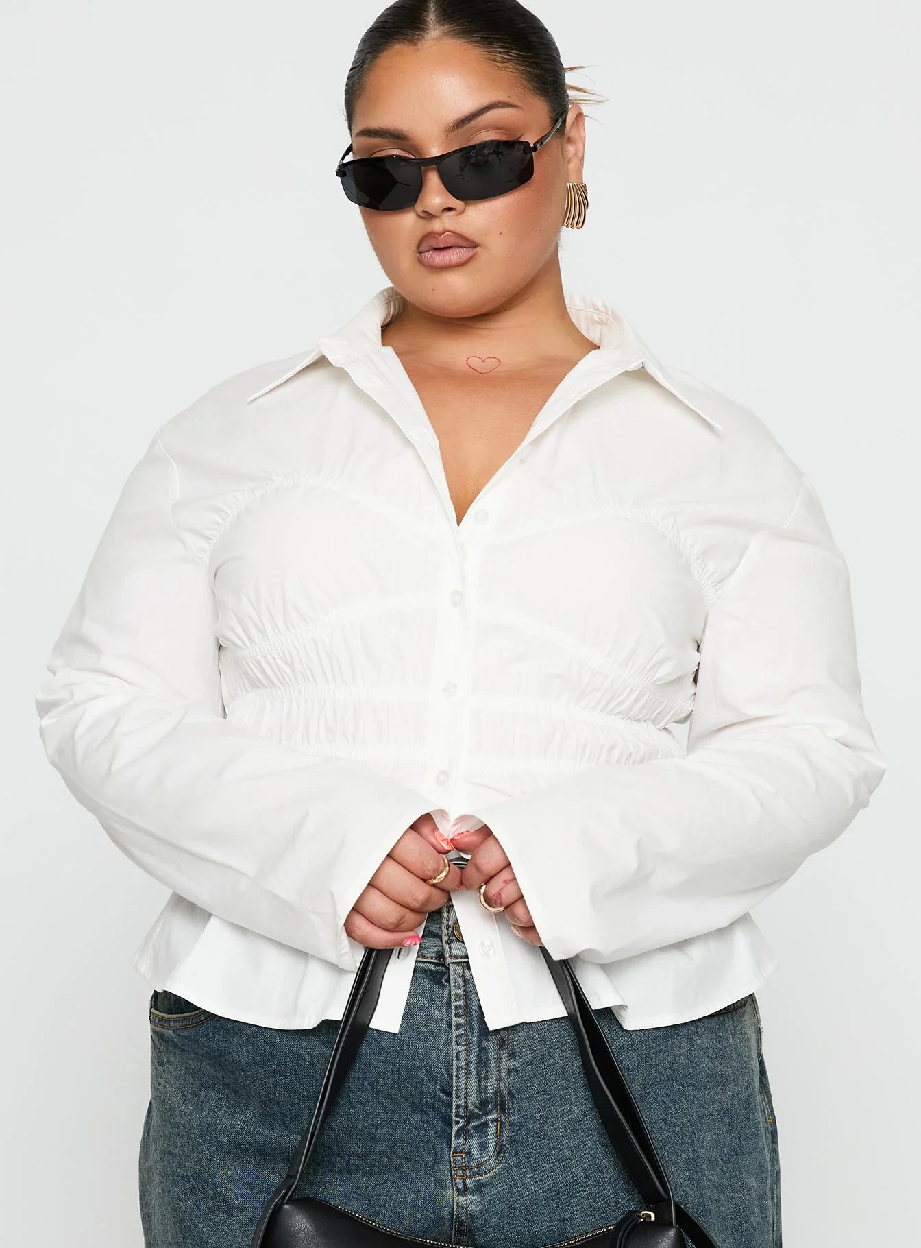 Liesel Shirred Long Sleeve Top White Curve