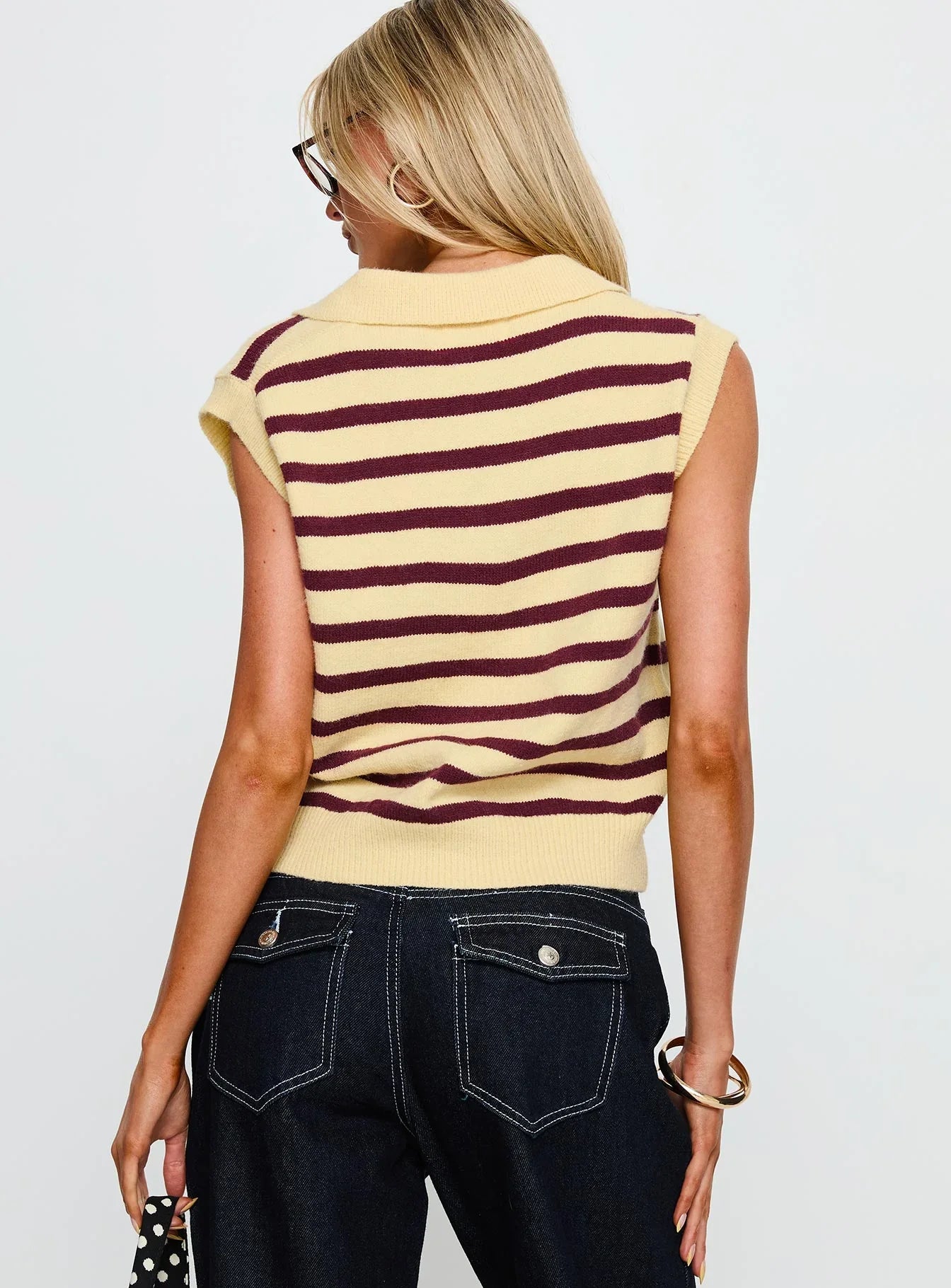 Yuliya Collared Sleeveless Top Lemon Burgundy Stripe