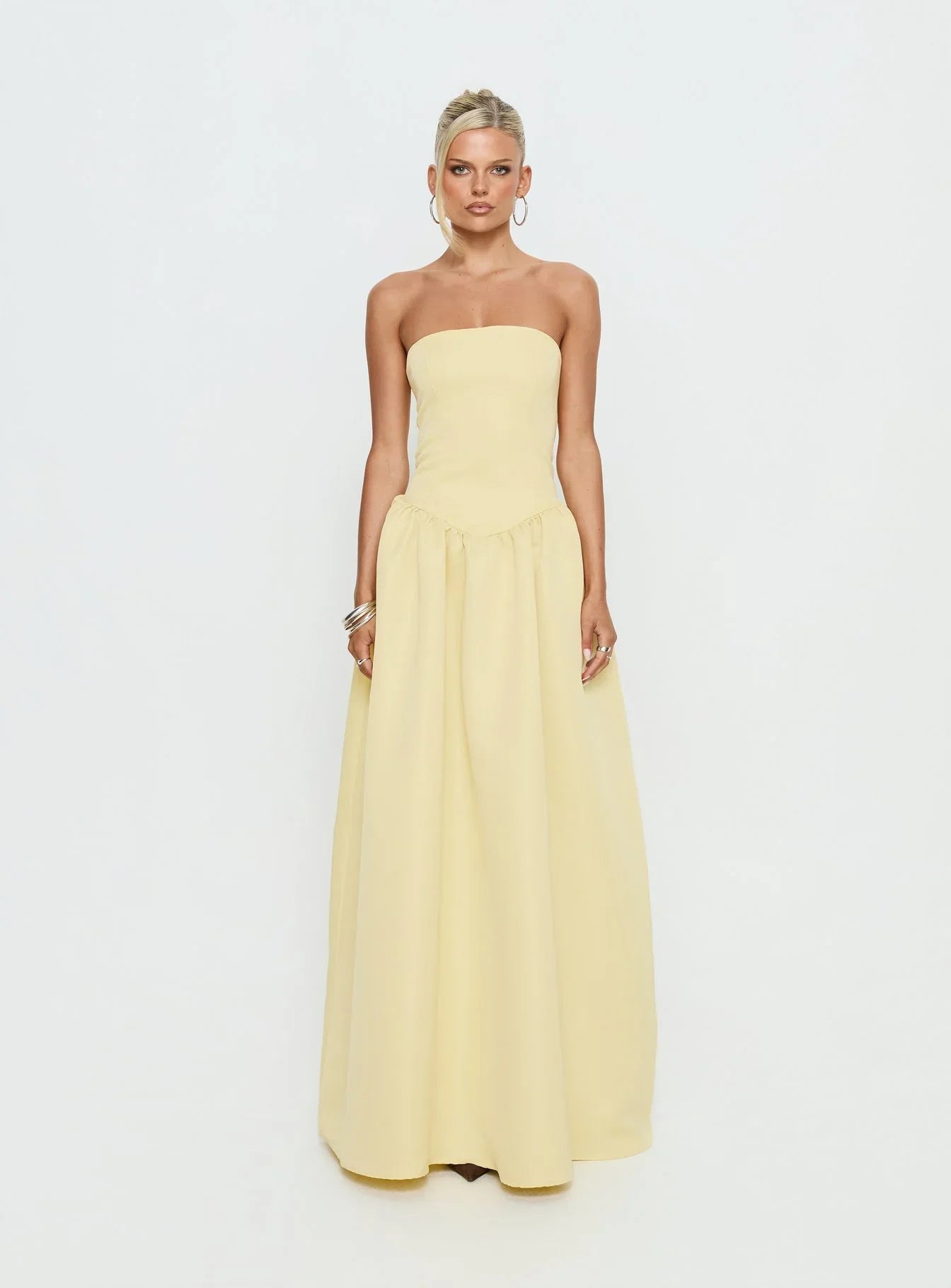 Soft Bloom Drop Waist Strapless Maxi Dress Yellow