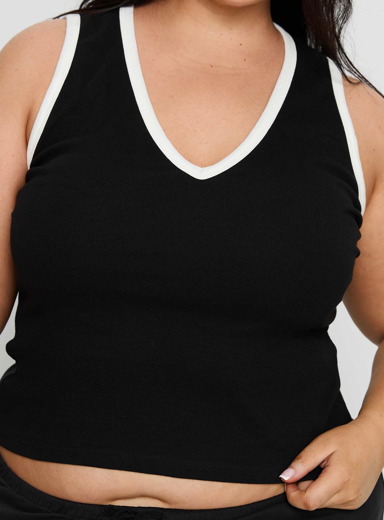 Baseline V Neck Rib Tank Top Black White Curve
