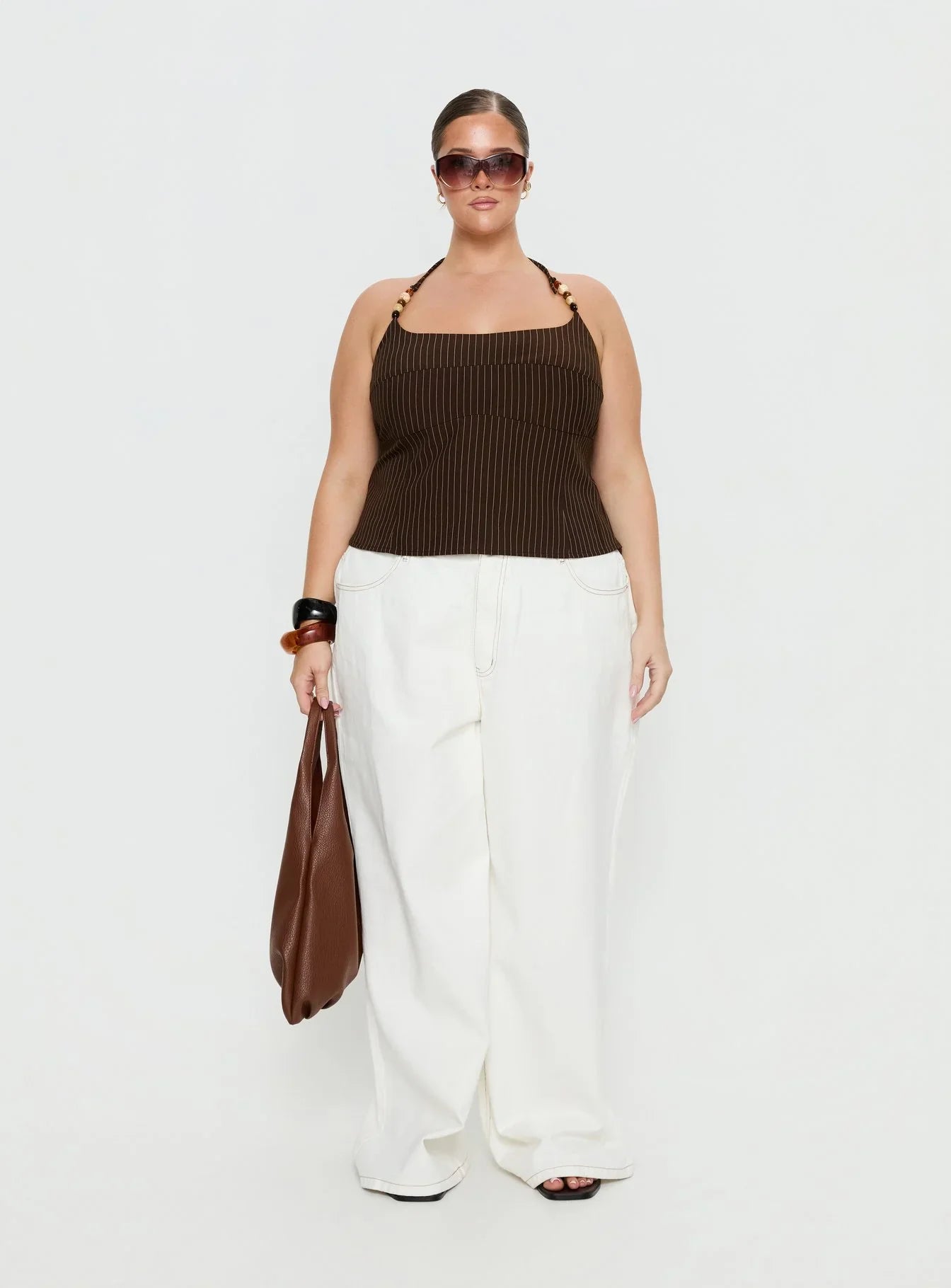 Cherise Bead Detail Top Brown Pinstripe Curve
