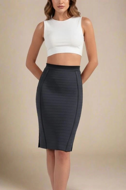 Pencil Bandage Knitted Knee Length Skirt Classic Black