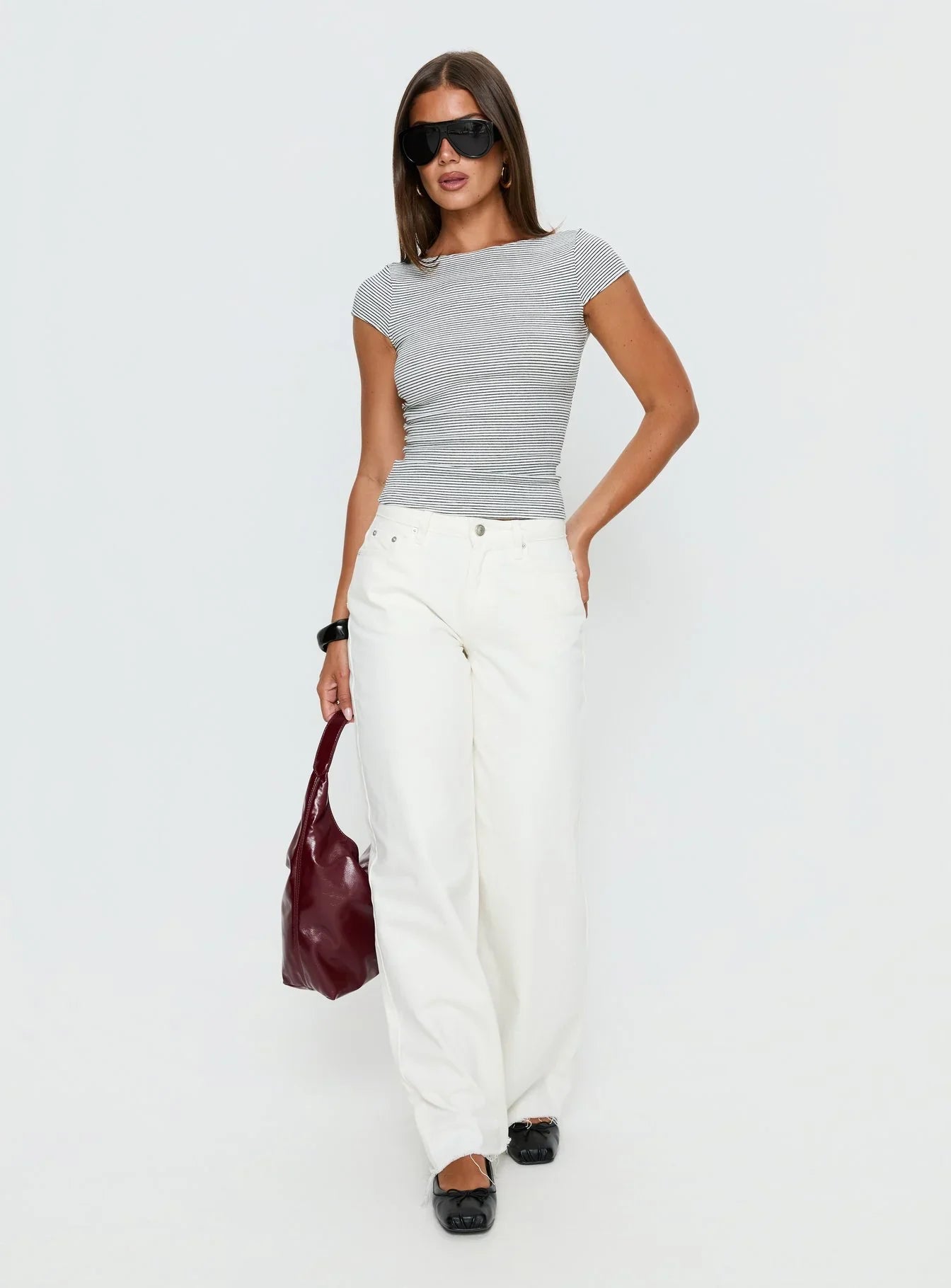 Nyren Low Back Boatneck Top White / Black Stripe