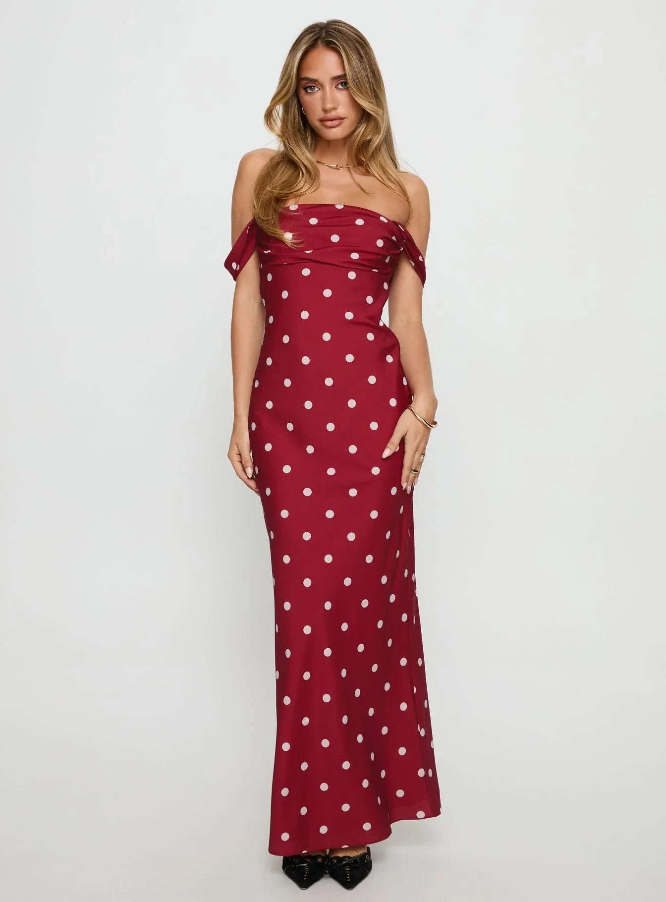 End Credits Off Shoulder Pleat Maxi Dress Red Polka Dot