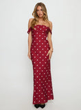 End Credits Off Shoulder Pleat Maxi Dress Red Polka Dot