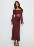 Velouria Off Shoulder Long Sleeve Maxi Dress Brown