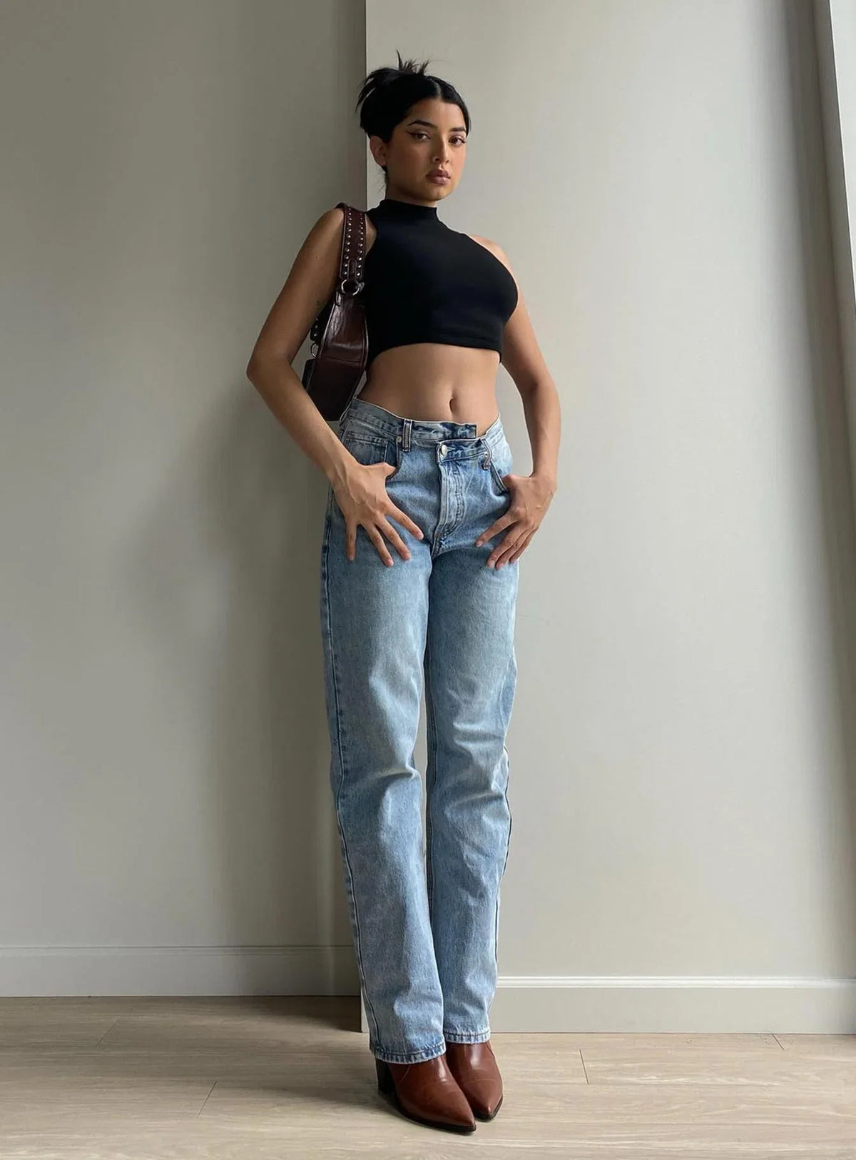 Holly Mid Rise Straight Leg Asymmetric Jean Light Wash Denim