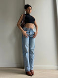 Holly Mid Rise Straight Leg Asymmetric Jean Light Wash Denim