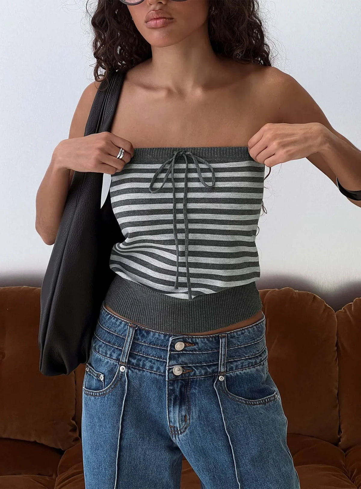 Lissey Strapless Knit Top Grey Stripe