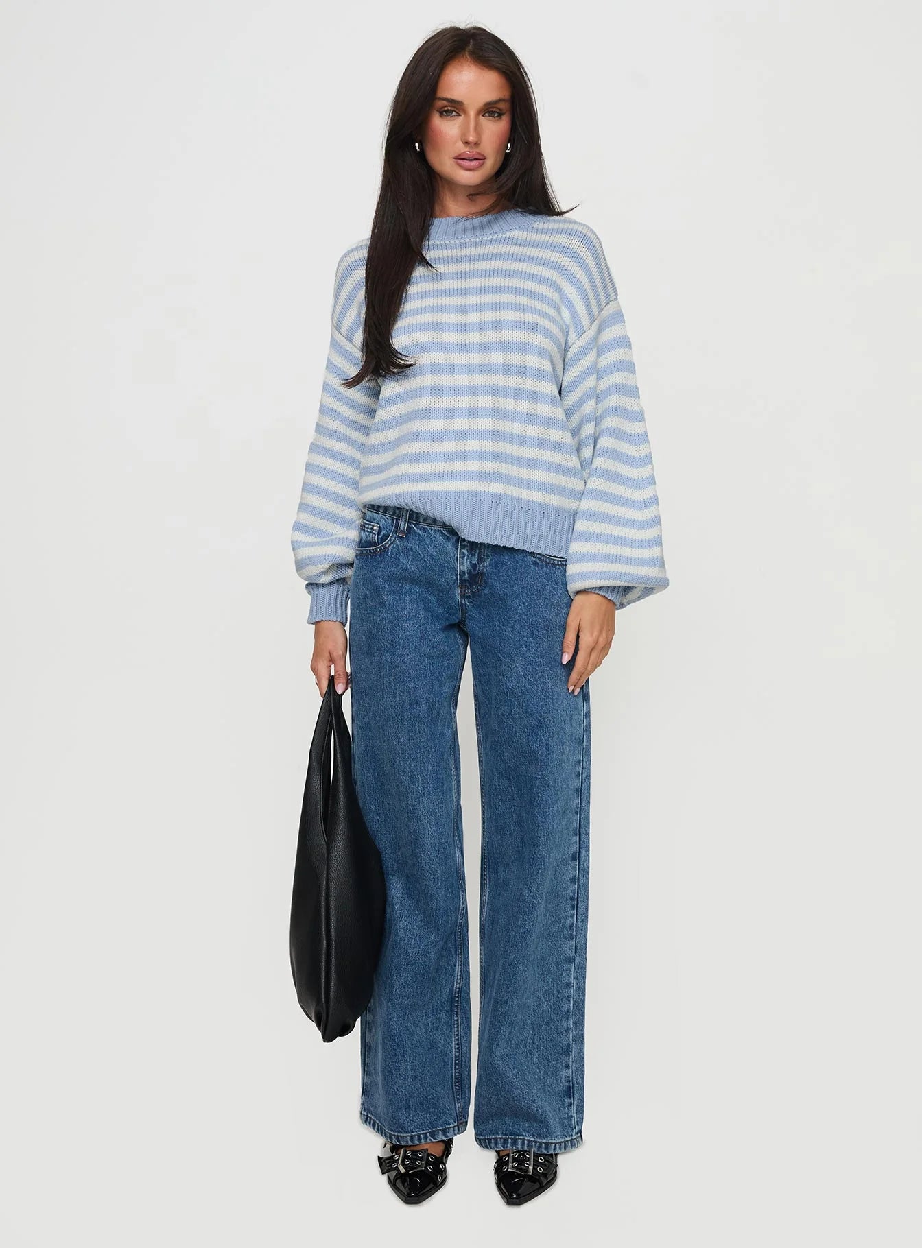 Harmony Balloon Sleeve Knit Sweater Blue / White Stripe