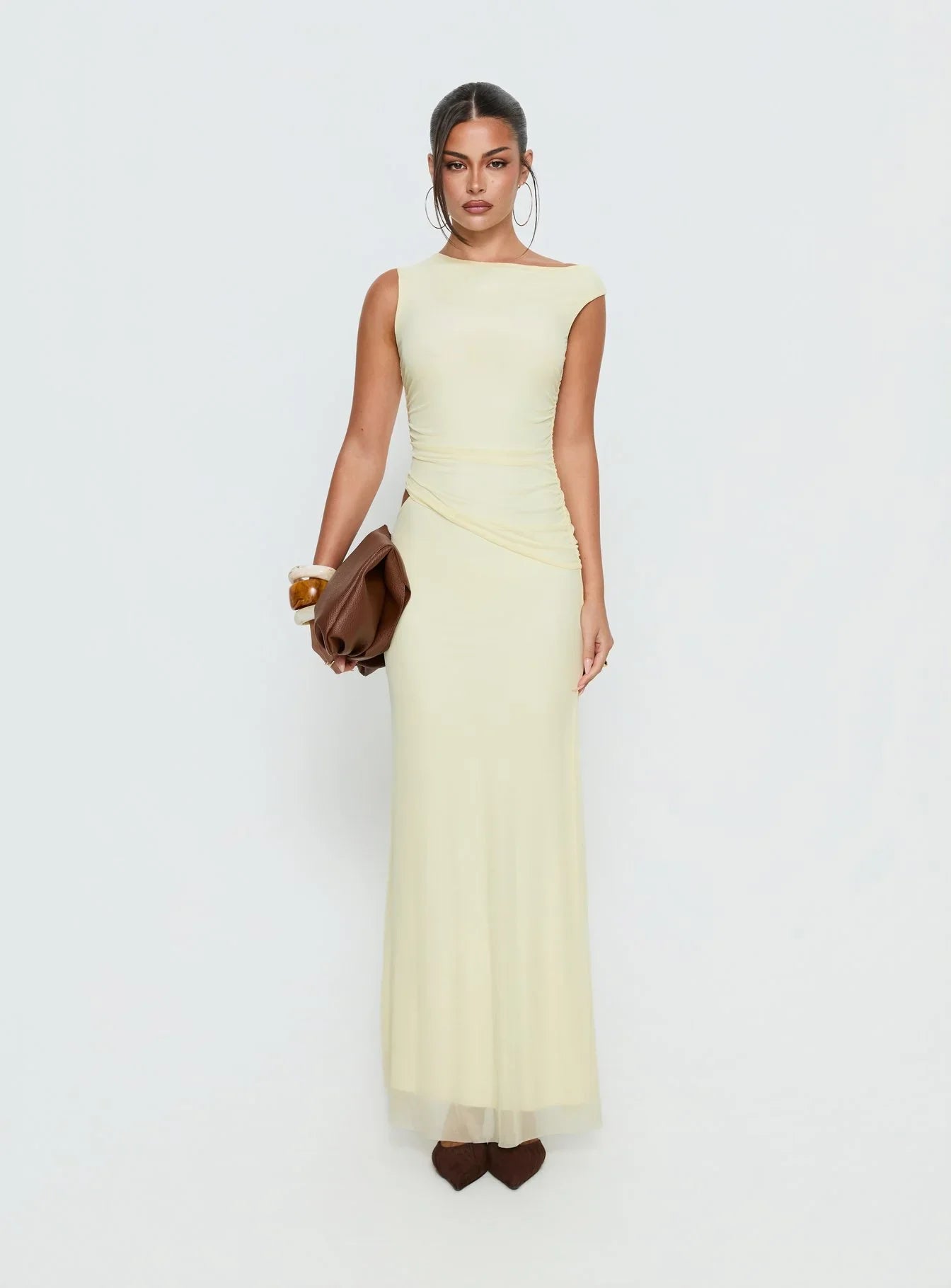 Krystyna Off Shoulder Ruched Mesh Maxi Dress Butter
