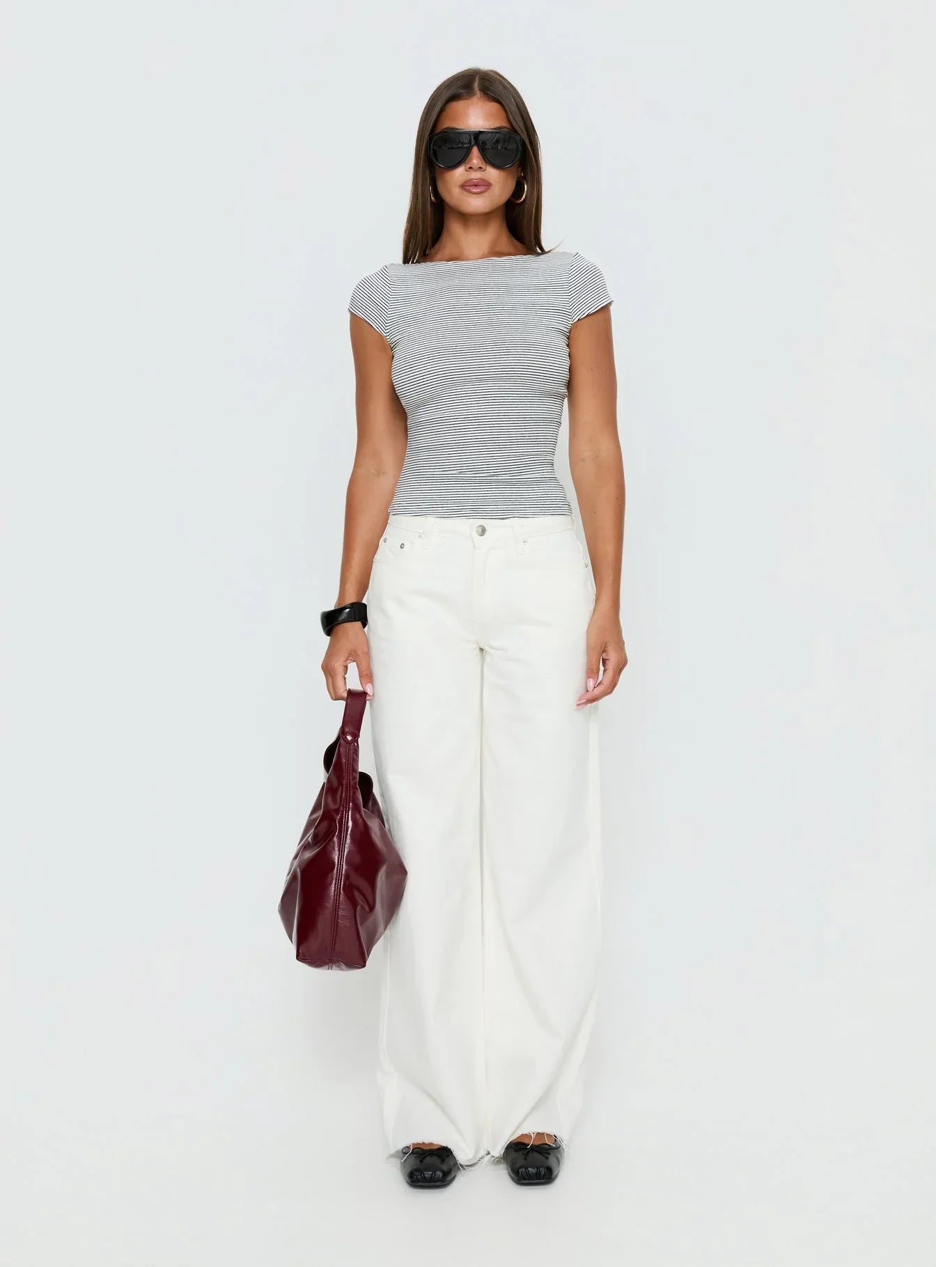Nyren Low Back Boatneck Top White / Black Stripe