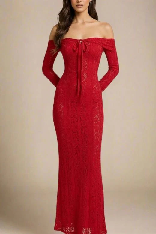Rose Long Sleeve Bodycon Maxi Dress Lipstick Red Sale