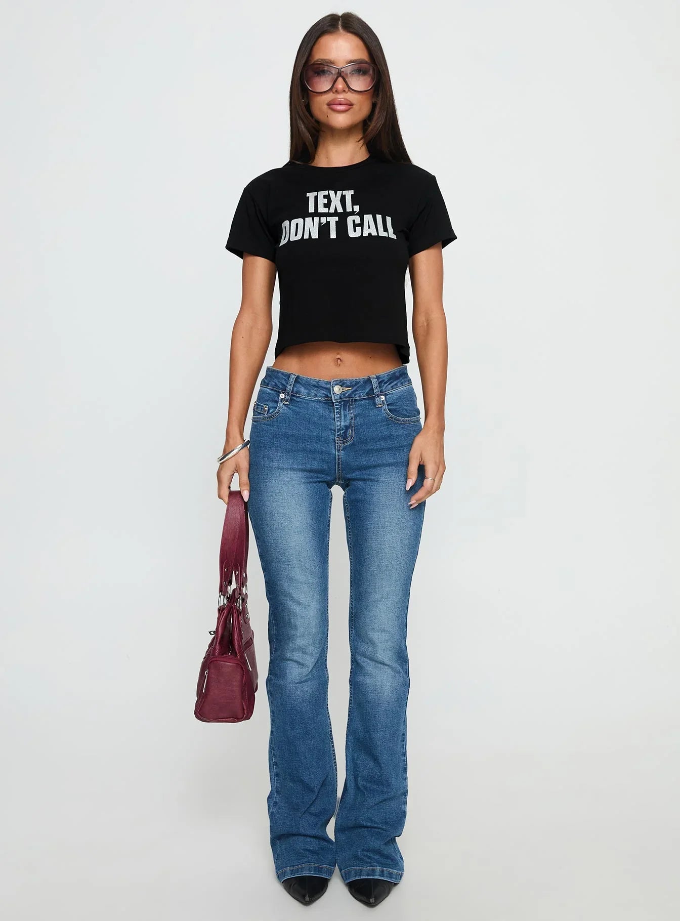 Text Dont Call Shimmer Graphic Top Black