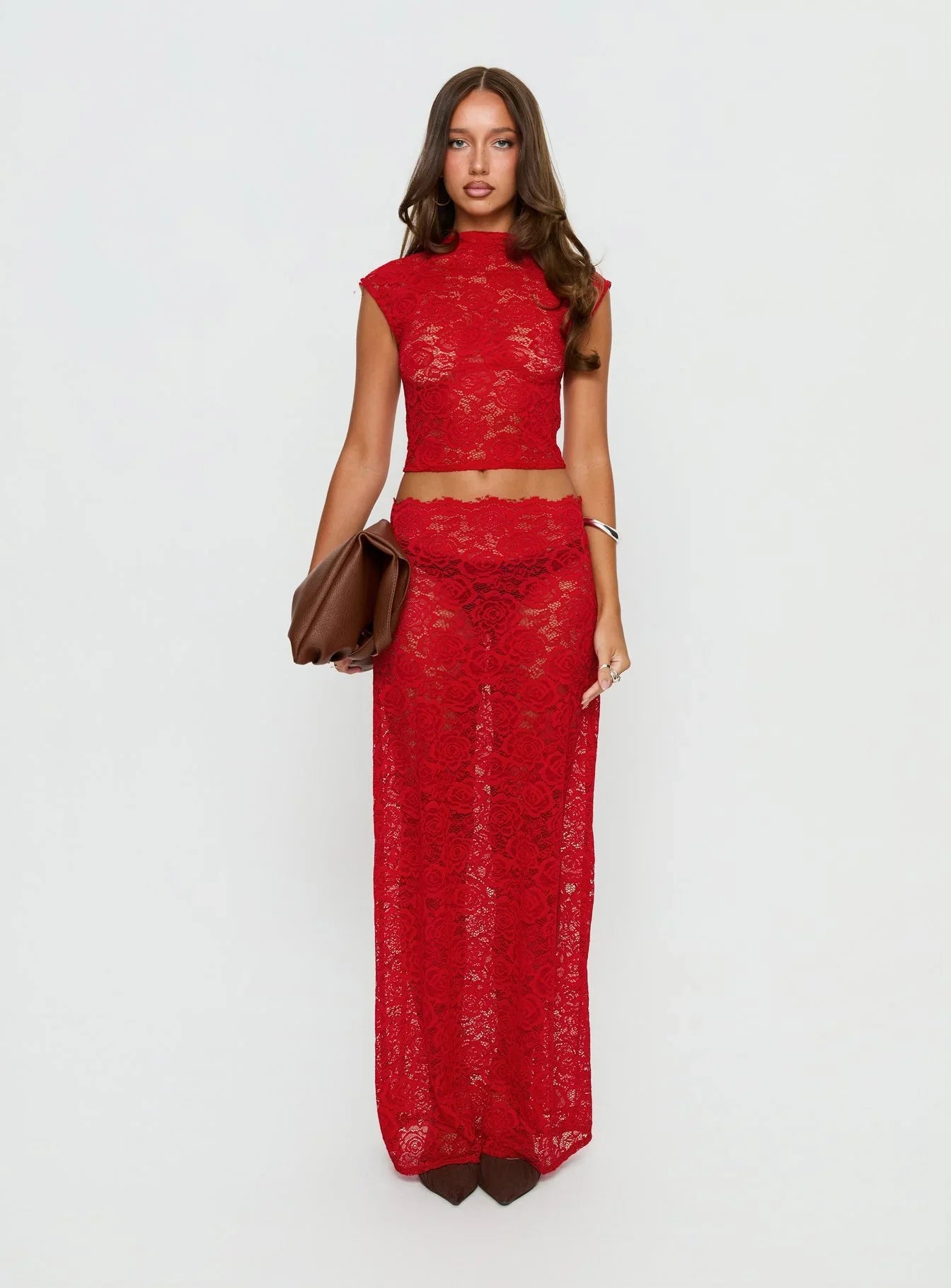 Vionna Lace Maxi Skirt Red