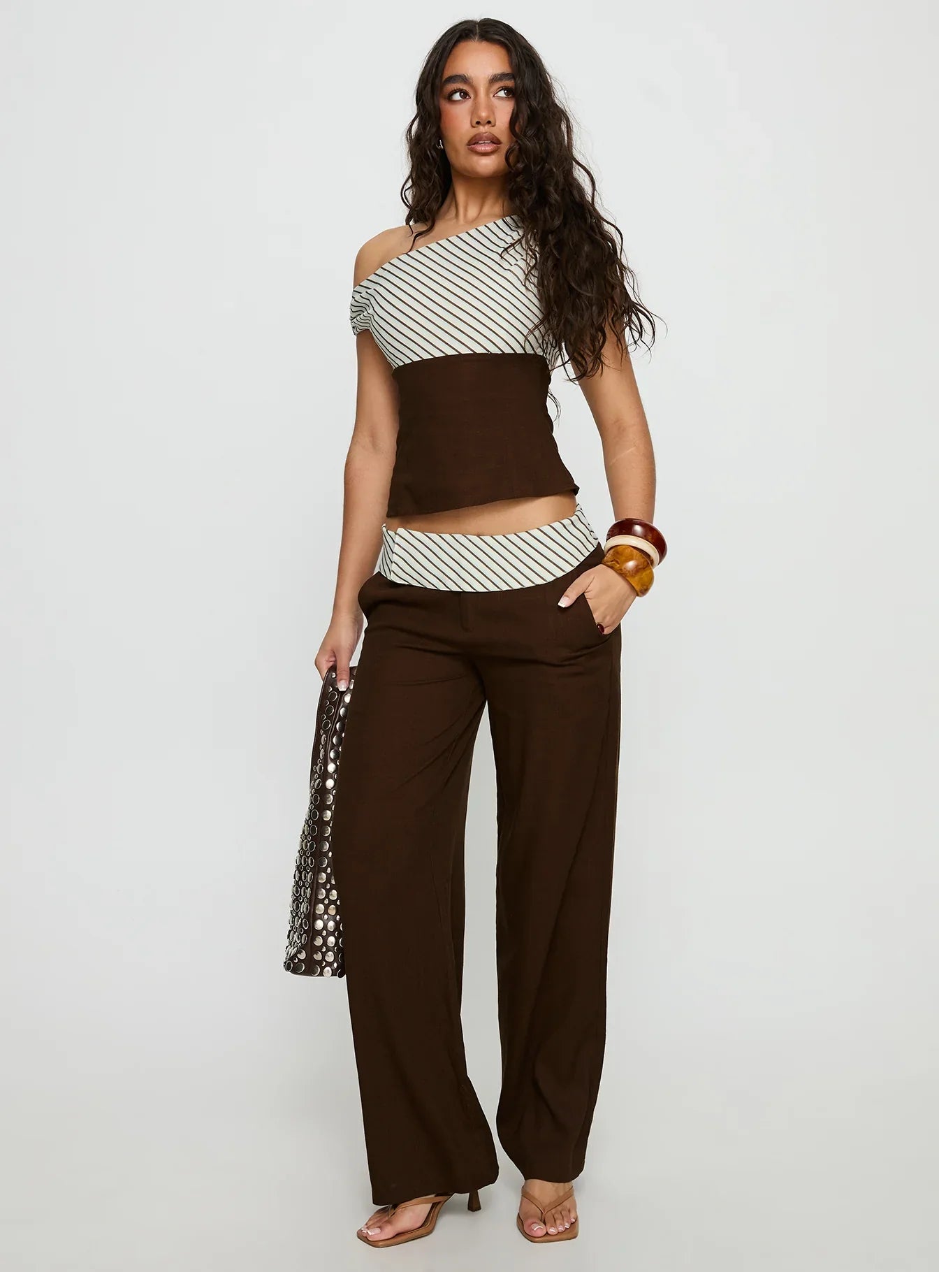 Past Life One Shoulder Top Brown / Stripe
