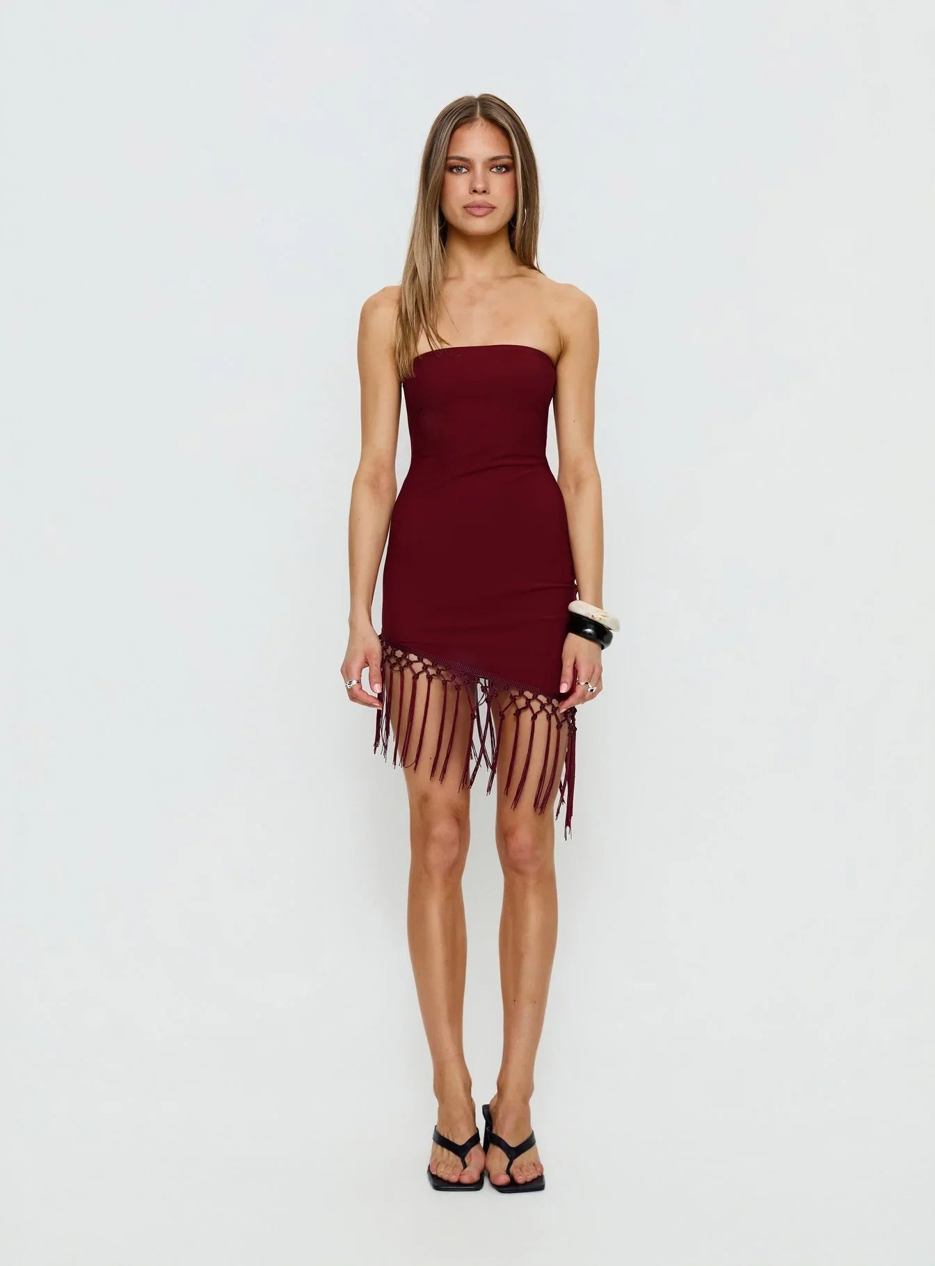 Keyana Strapless Tassel Mini Dress Burgundy