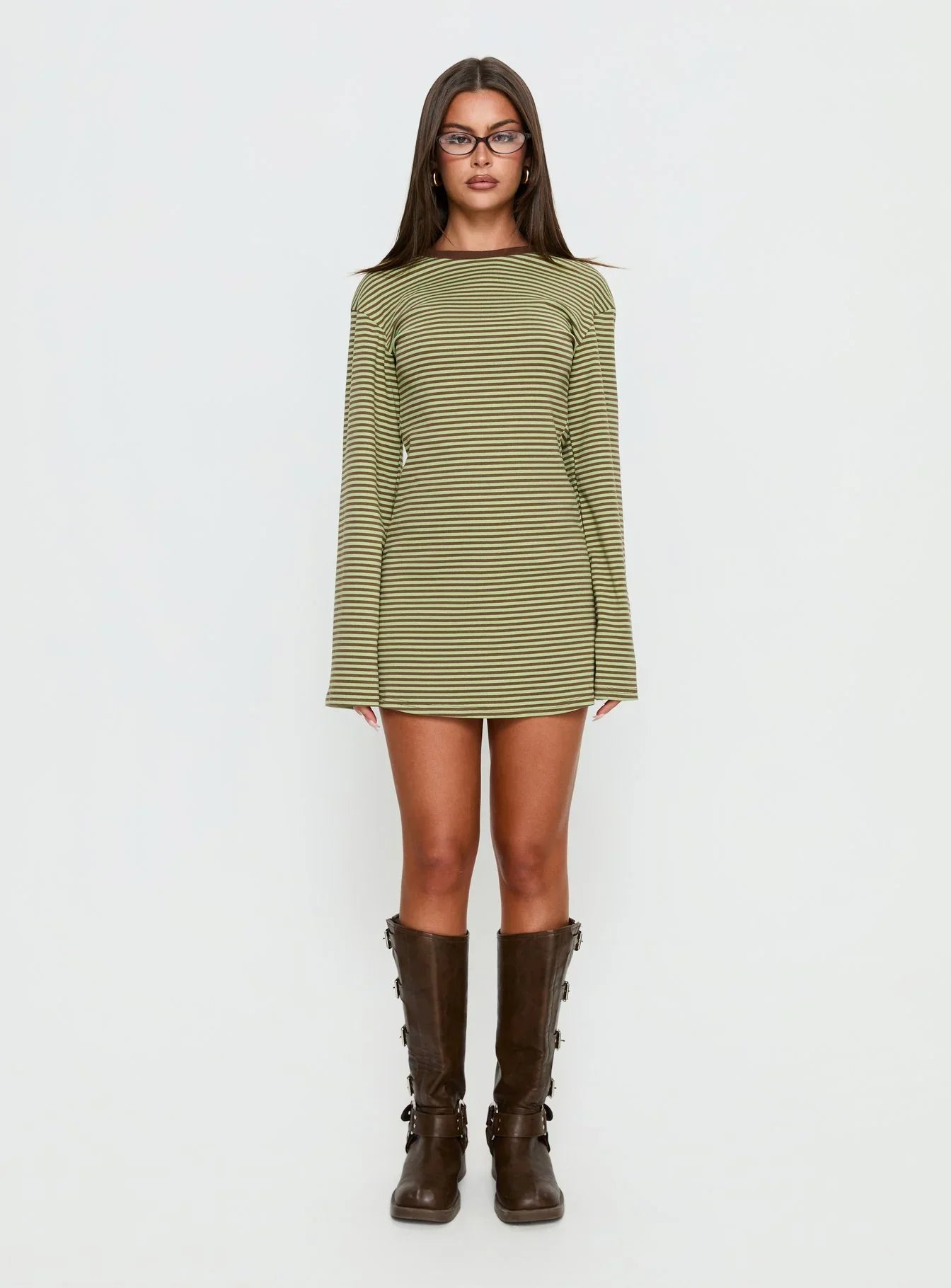 Lulolah Long Sleeve Mini Dress Green / Chocolate Stripe