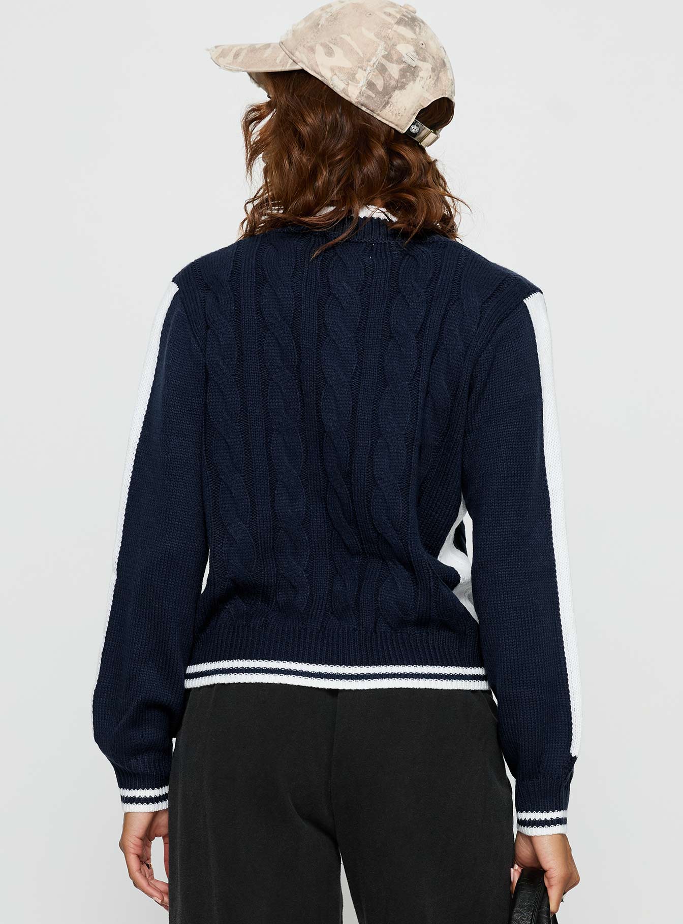 Tevyn Cable Knit Zip Through Knit Sweater Blue Cream